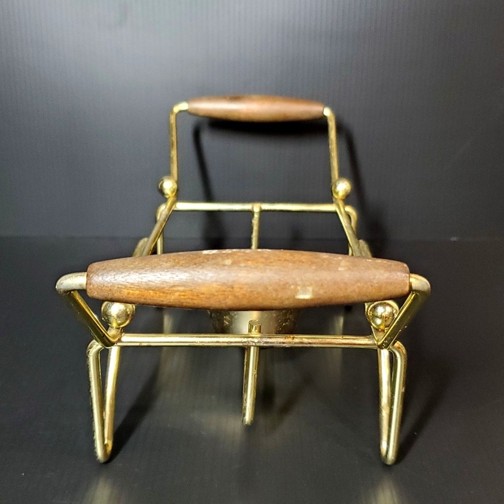 Vintage Mid Century Modern chafing stand metal w/ wood handles, warming stand - Picture 2 of 12